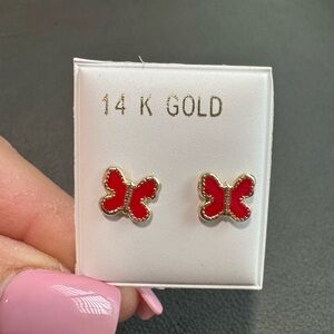 14K Gold Red Butterfly Earrings